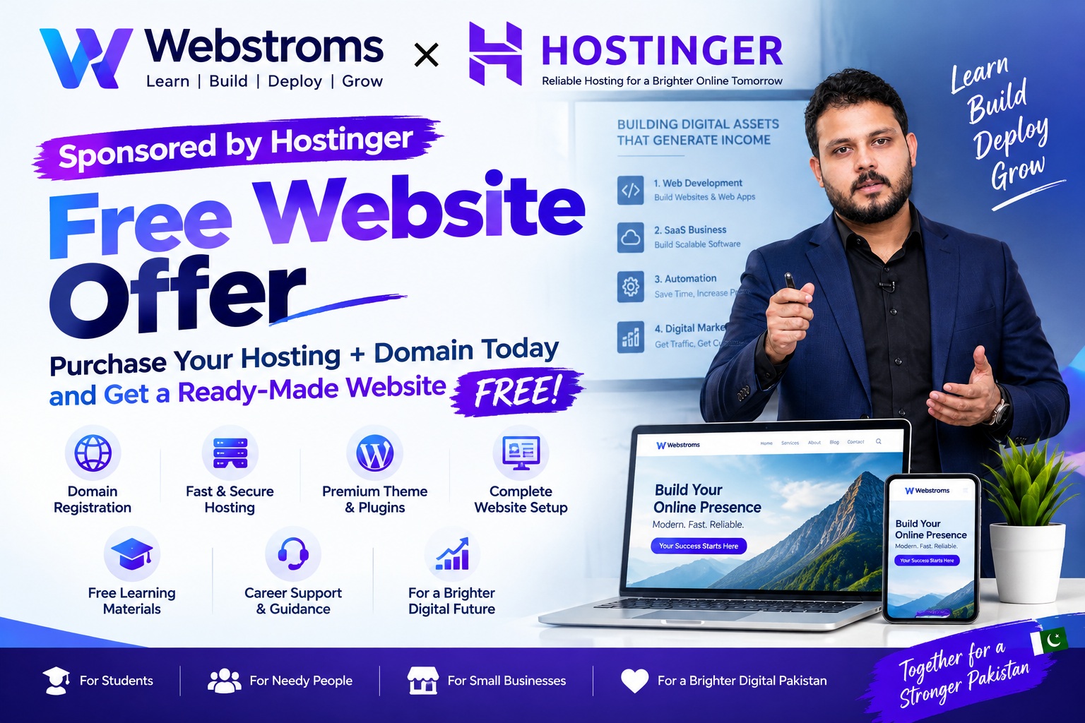 Webstroms and Hostinger Free Website Offer: purchase hosting and a domain and receive a ready-made website, learning materials and career support.
